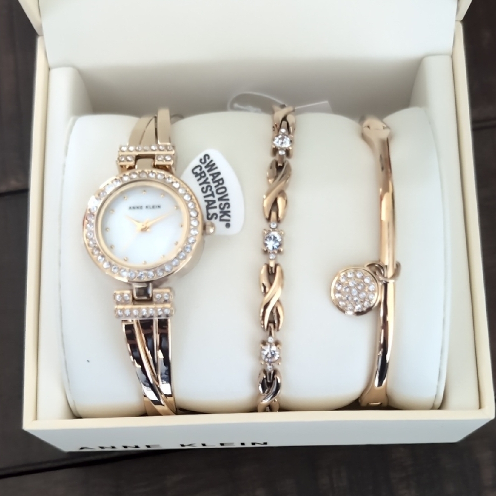 Anne Klein Gold Watch and Bracelet Trio with Crystals